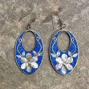 Vintage Alpaca Silver, Crushed Turquoise and Abalone Shell Earrings